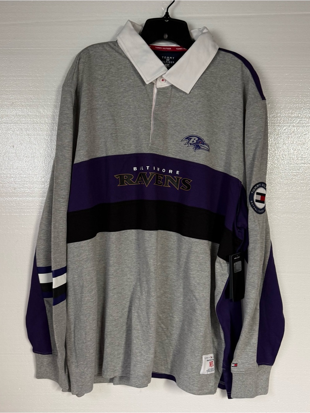 Tommy Hilfiger Shirt Men 3XL Gray Black Purple NFL Baltimore Ravens Rugby Polo